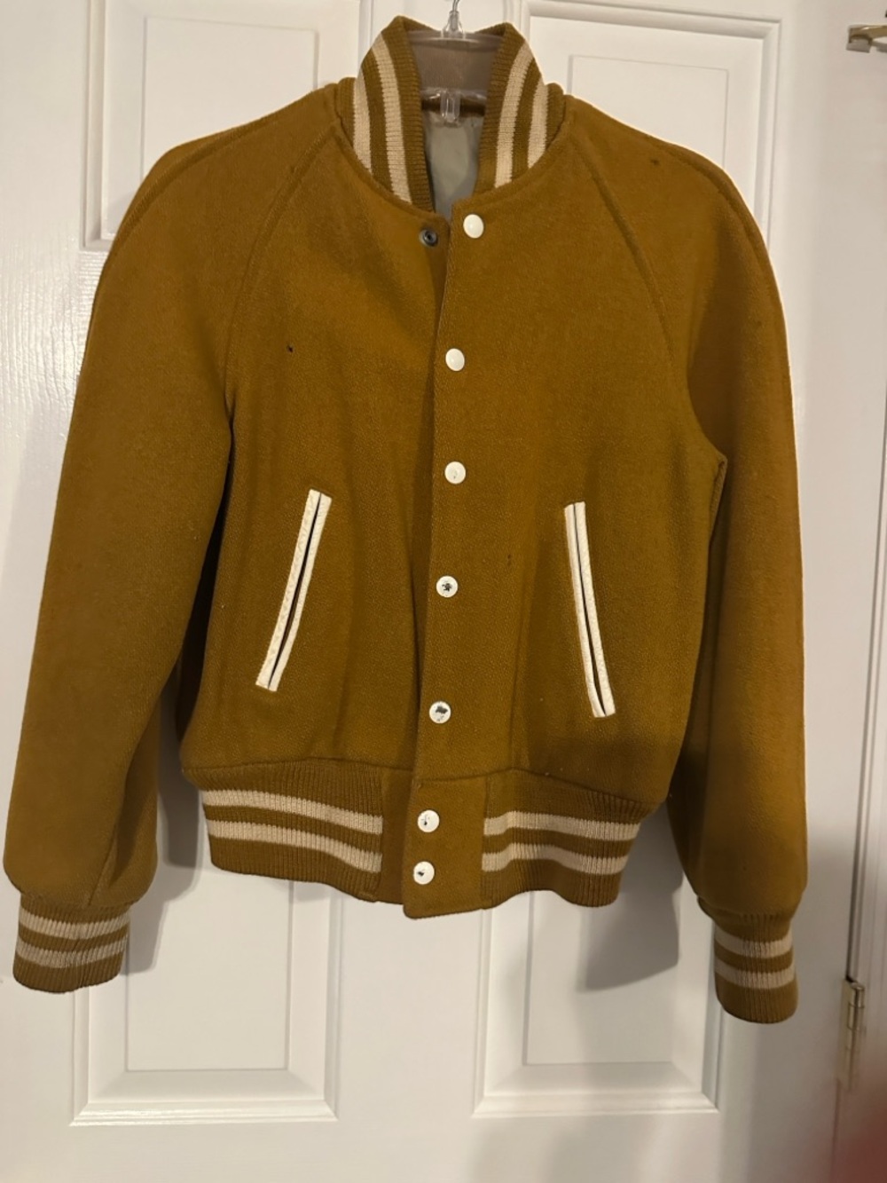 Vintage 1968-70? Hatch white Script Logo Jacket with Cream Trim. Needs Cleaning
